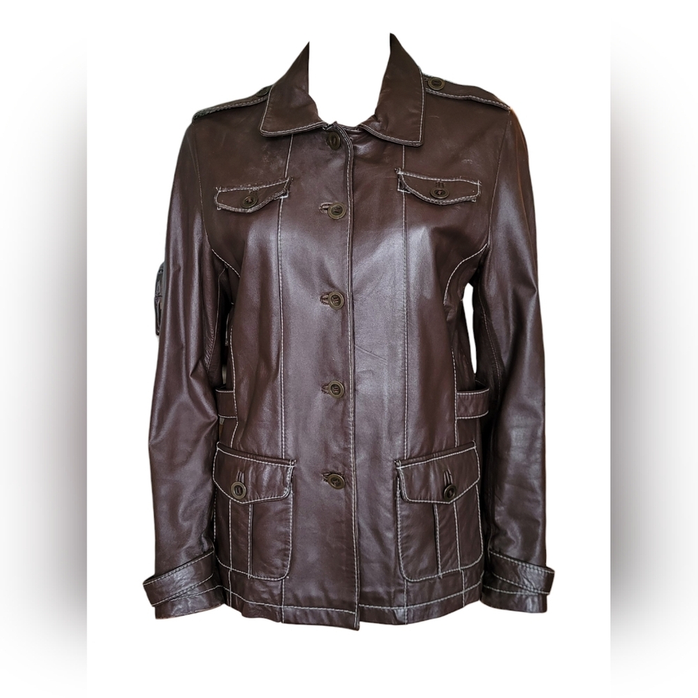 Vintage Y2K Wilsons Leather Jacket Contrast Stitching Cyber Grunge Brown Medium